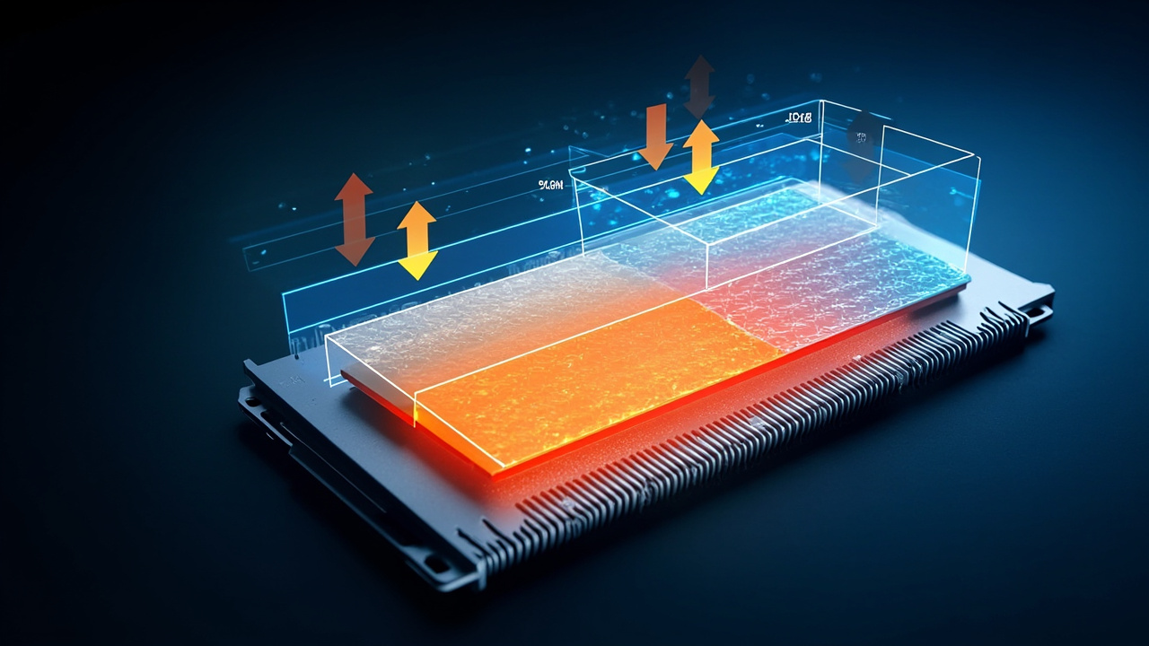 Thermal management cross-section showing heat flow from hot ASIC through diamond interface into heat spreader with temperature gradient